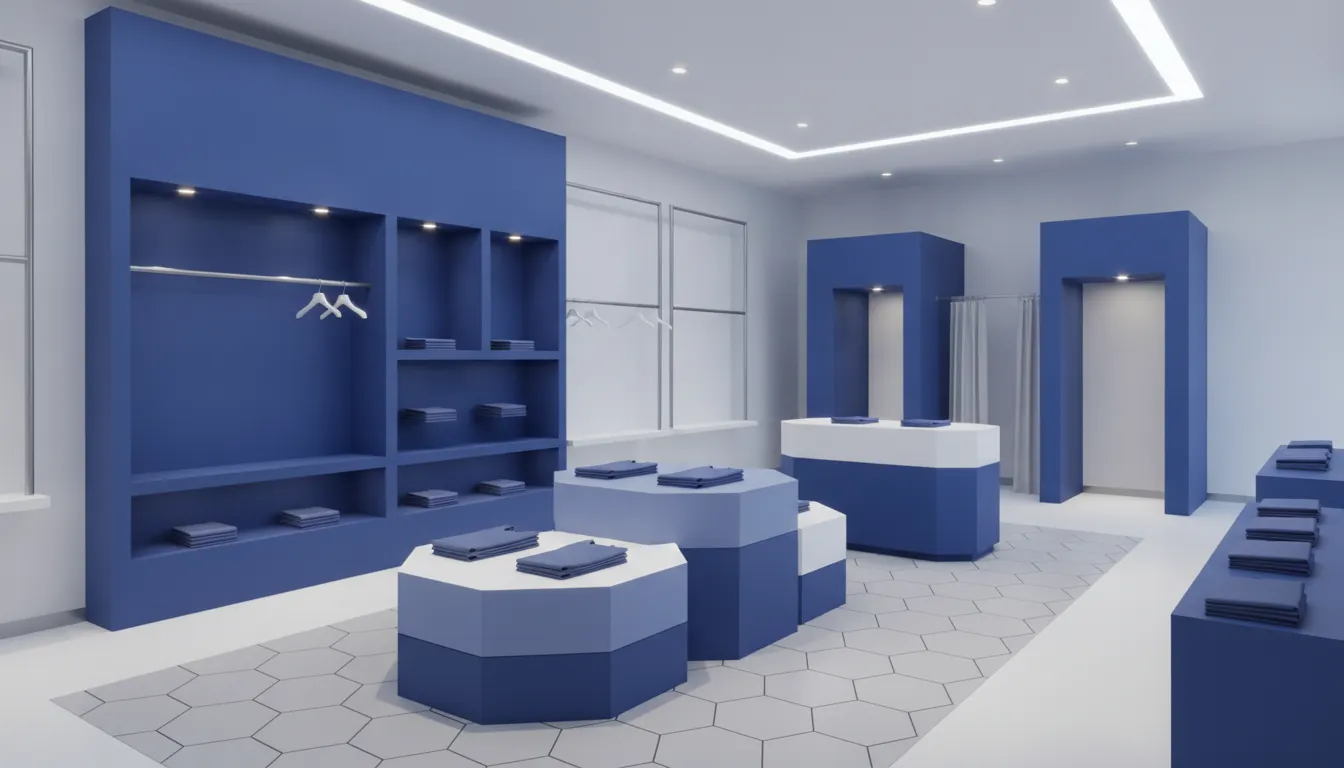 Apparel store interior with coordinated wall systems, garment rails, tables, and a clear shopper path