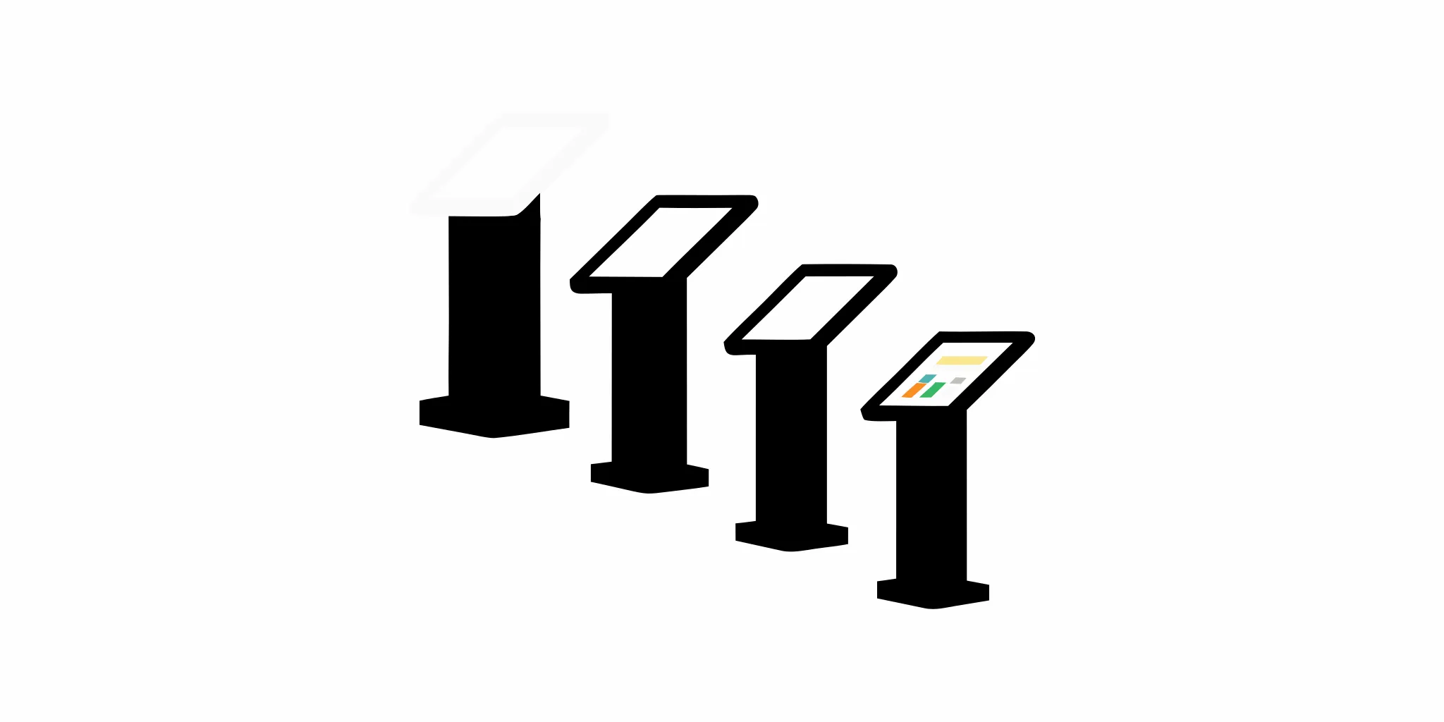 Modern retail kiosks in a row with interactive digital screens for customer engagement.