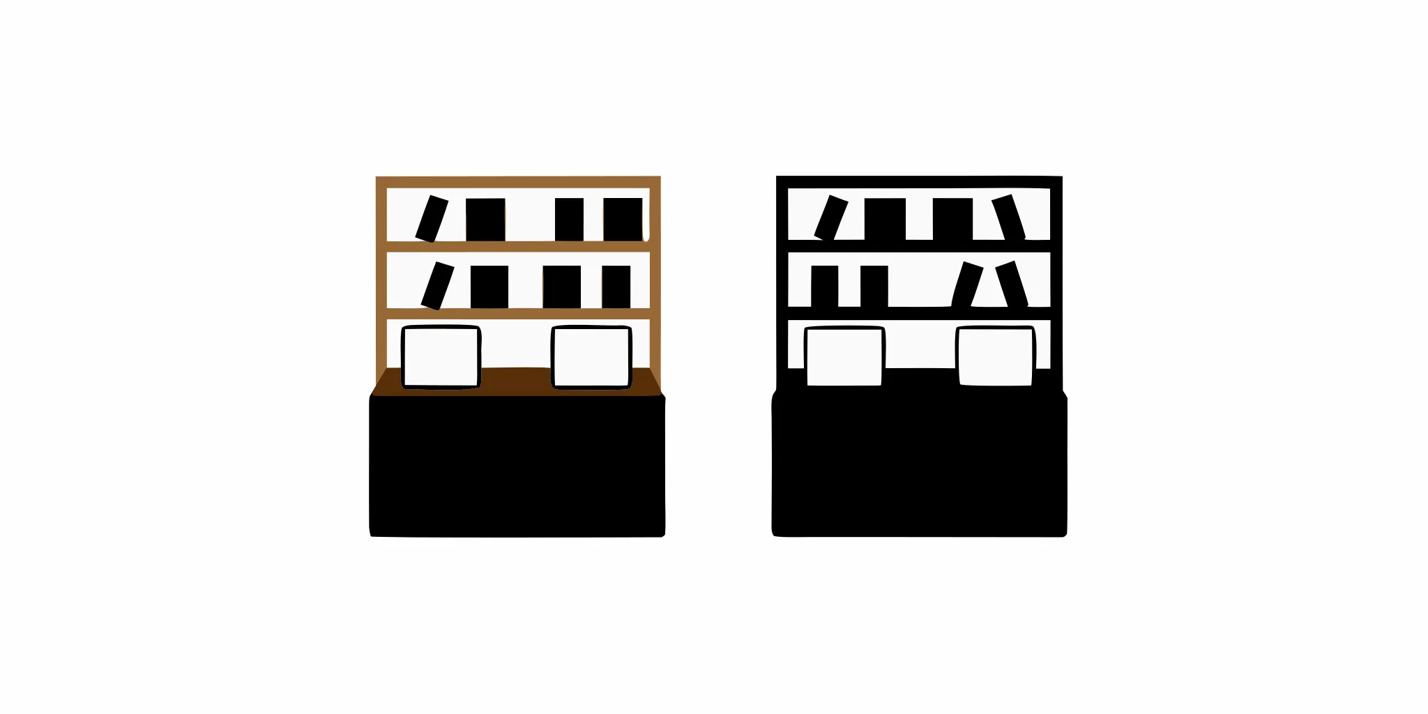 Modern bookstore with custom wooden shelving units, display tables, and organized media merchandising displays