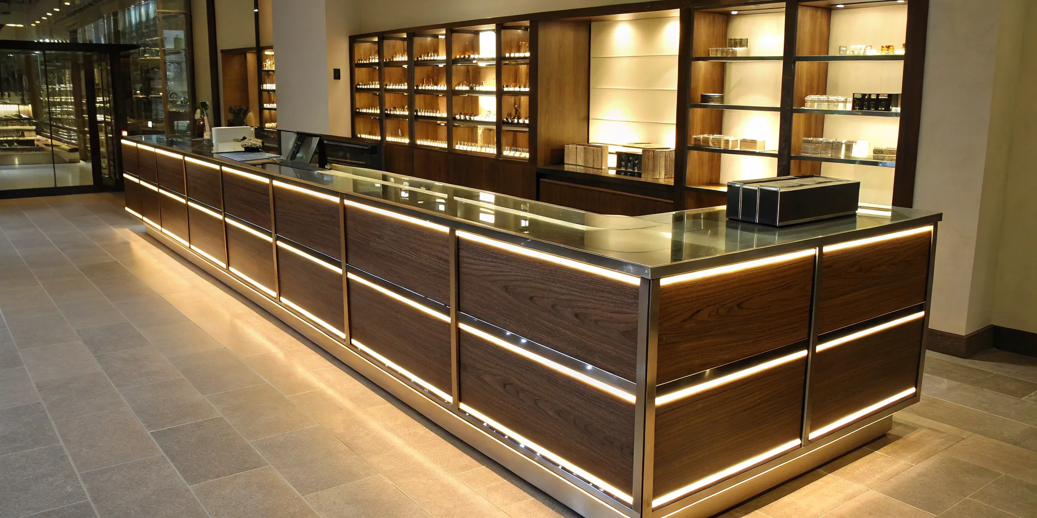 Sleek cash wrap counter with wood and glass.