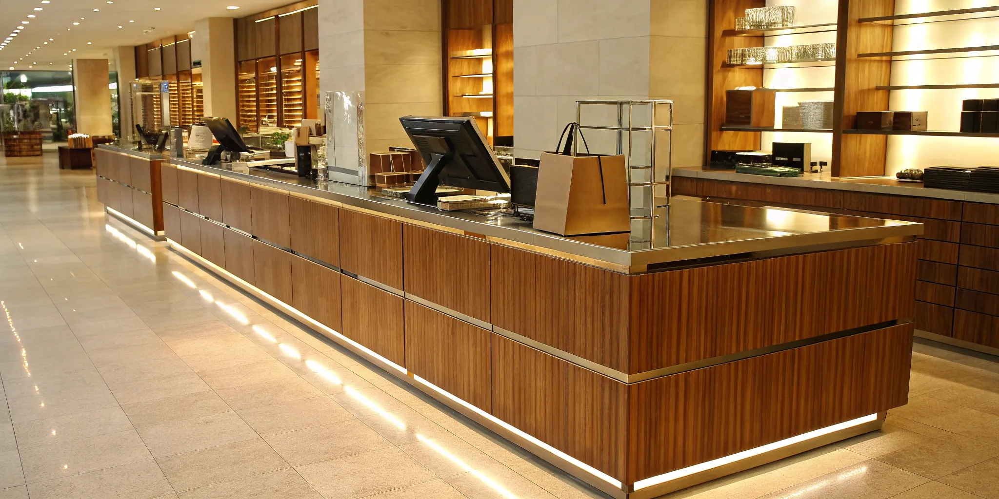 Modern cash wrap counter with integrated technology.