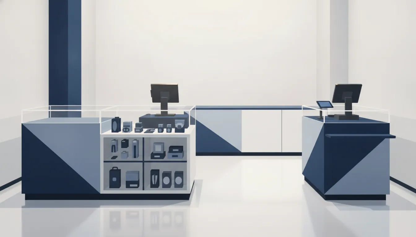 Modern retail cashwrap counter with POS stations and organized merchandise storage