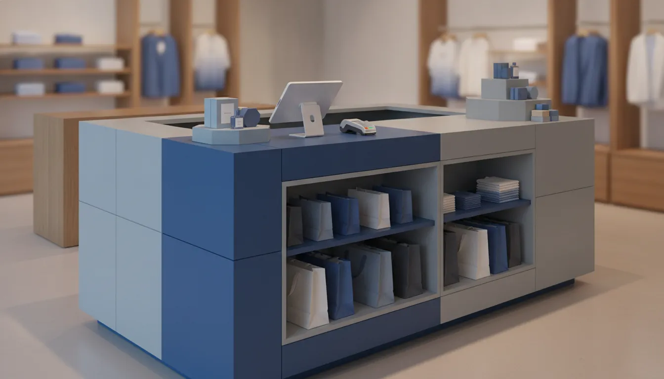 Angled view of a retail cashwrap supporting customer flow and checkout