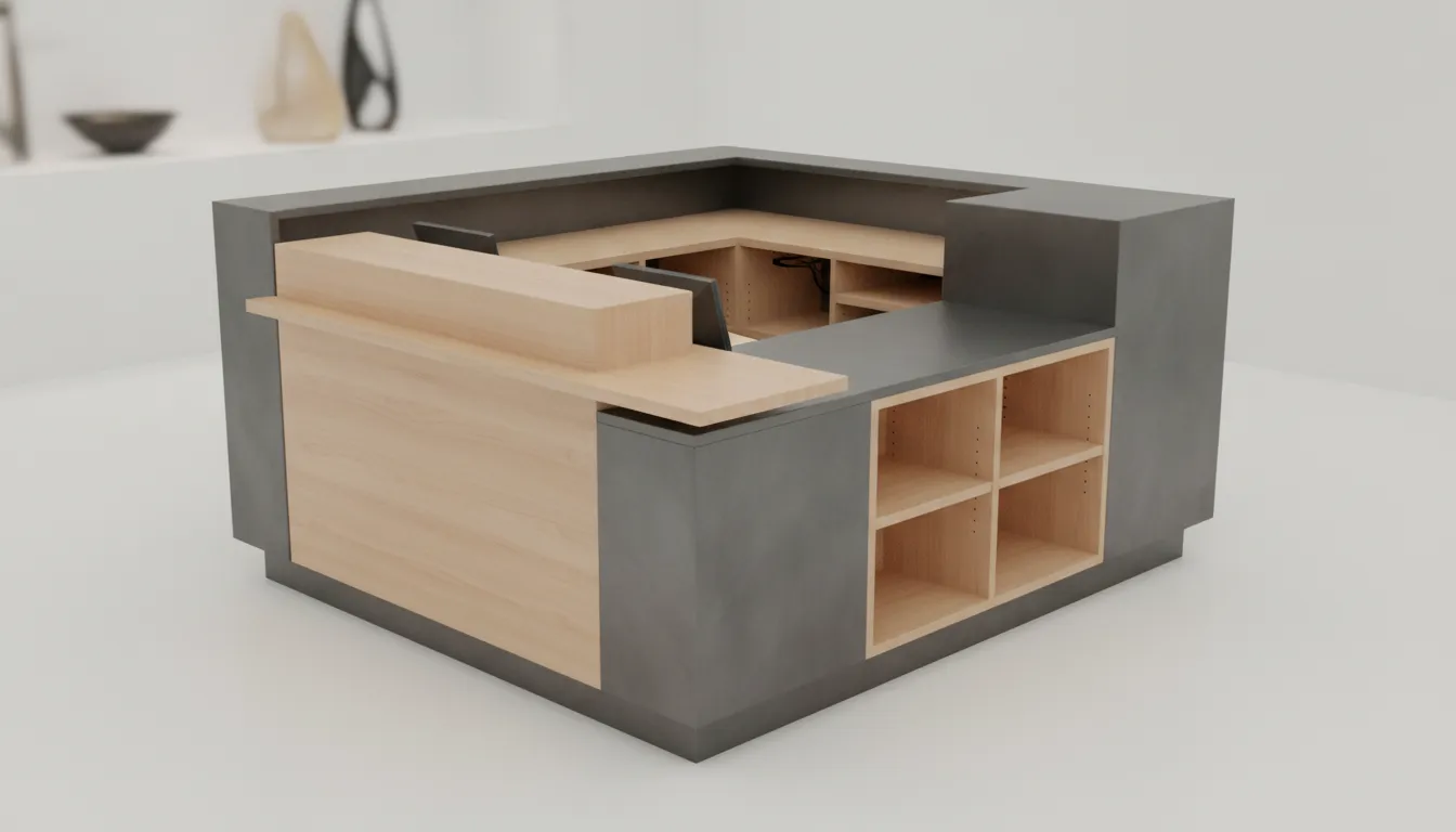 Custom cashwrap workstation with concealed cable routing and storage
