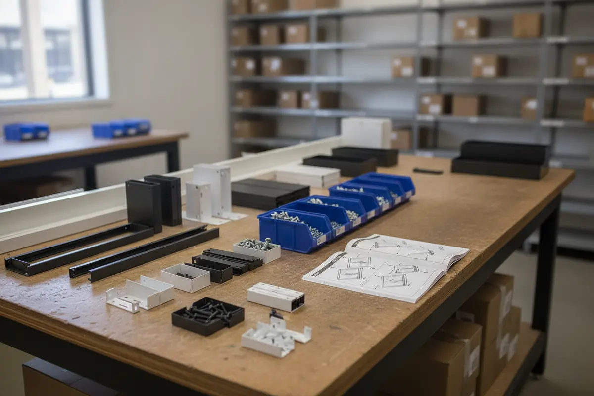 Clearly grouped fixture components and assembly instructions laid out for a retail installation