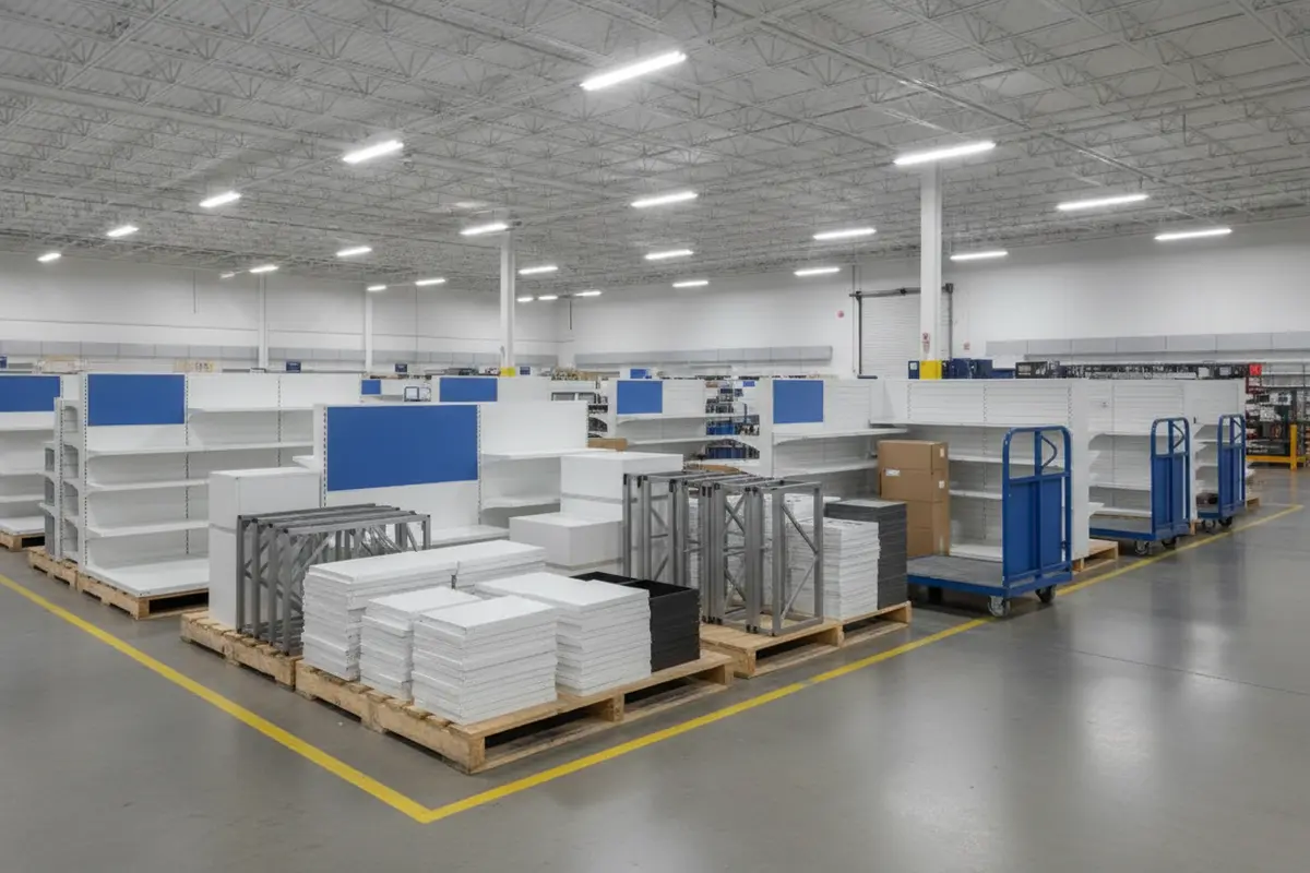 Clearly organized retail fixture components and labeled cartons prepared for a store rollout