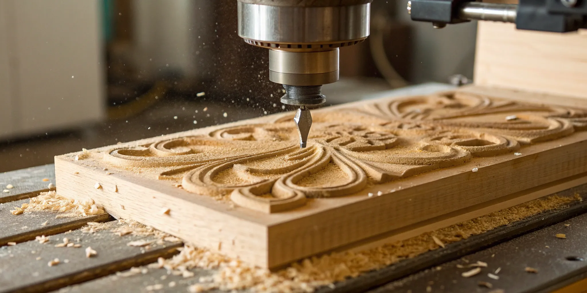 A CNC machine uses precision fabrication to carve an intricate design into wood.