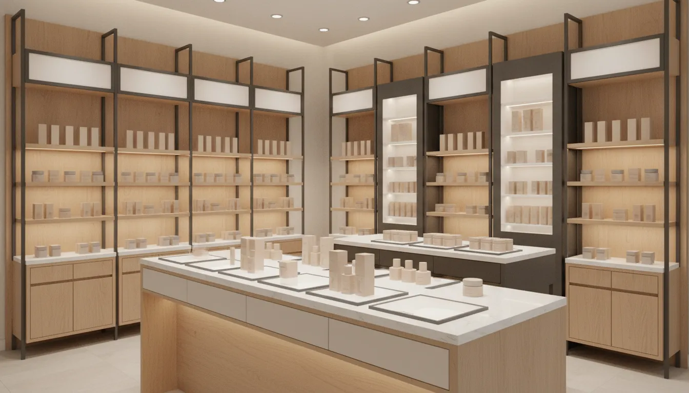 Coordinated cosmetic retail fixtures with product zones and a tester counter