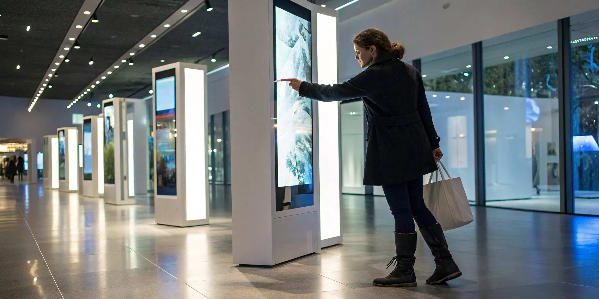 Interactive retail display with touchscreen in a modern store.