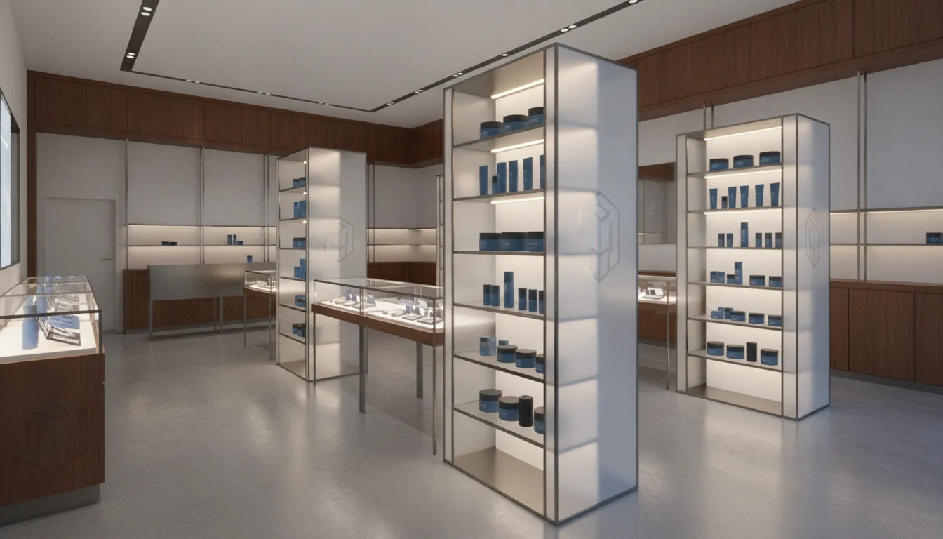 Lit custom cosmetic display cases in a beauty retail environment