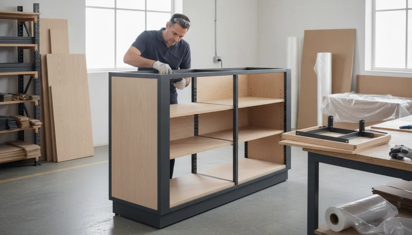 Technician inspecting wood and metal retail fixture components during custom fixture manufacturing