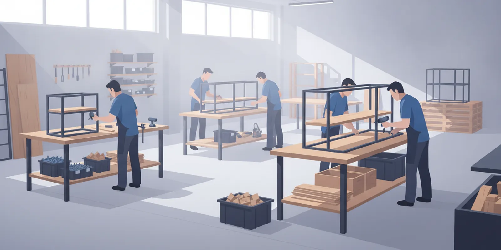 Retail fixtures being assembled and inspected on a manufacturing floor