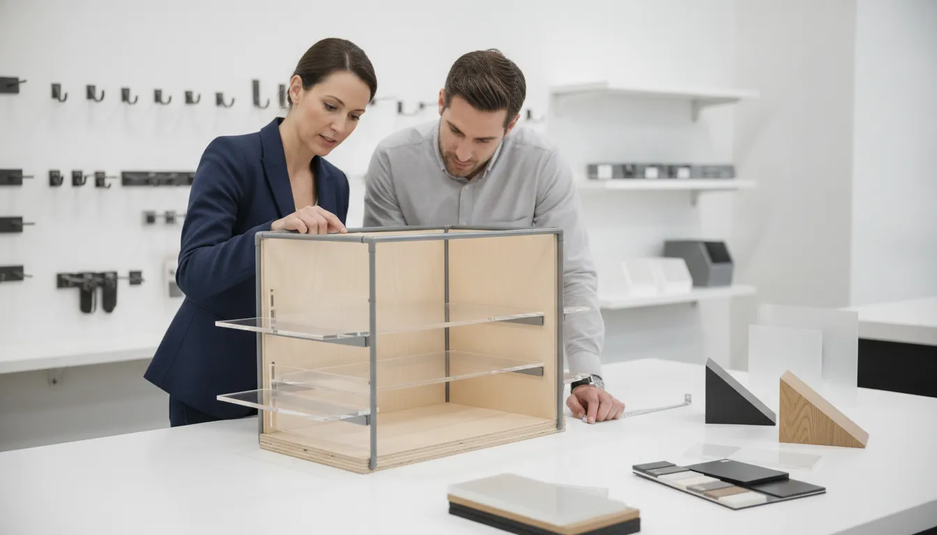 Retail buyers reviewing a custom fixtures for retail stores prototype