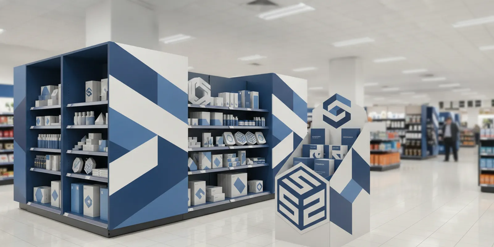 Retail aisle showing a permanent product fixture beside a temporary cardboard display