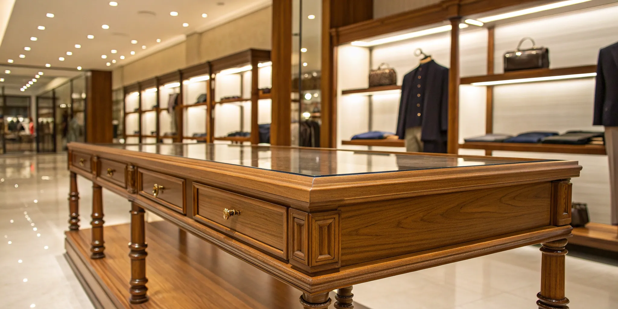 Custom retail joinery: Wood display table with shelving.