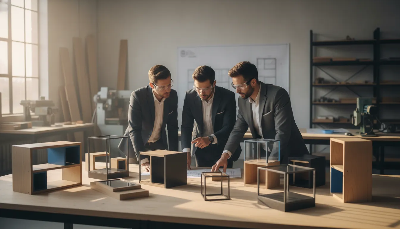 Retail buyers and engineers reviewing custom millwork components in a modern workshop