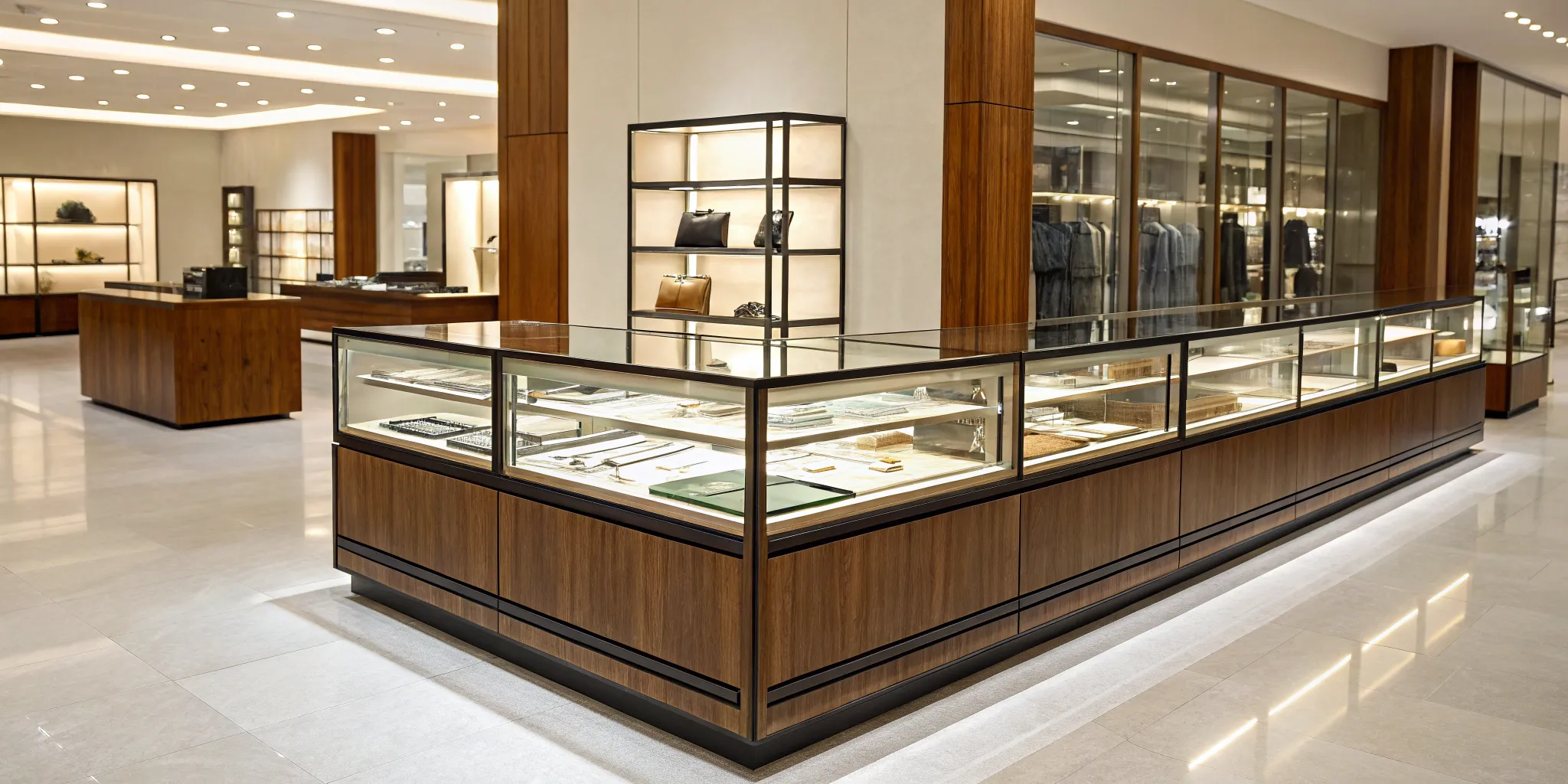 Custom retail display with wood and glass shelves.