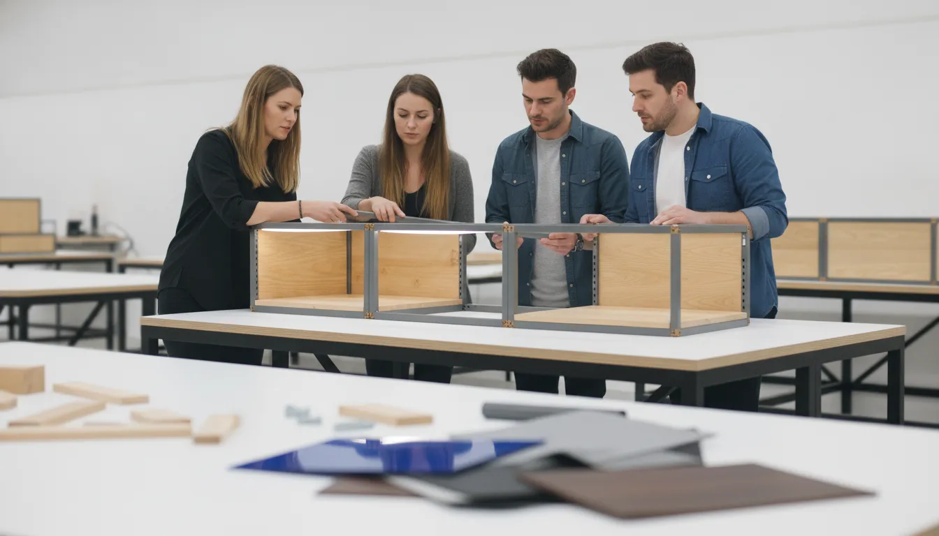 Retail team reviewing a custom retail fixture design prototype
