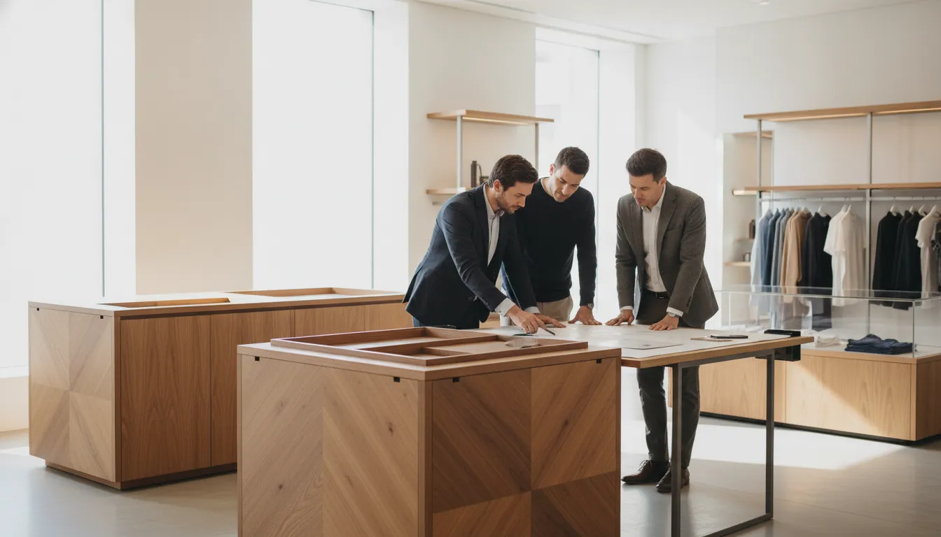 Retail design team reviewing a wood millwork display fixture
