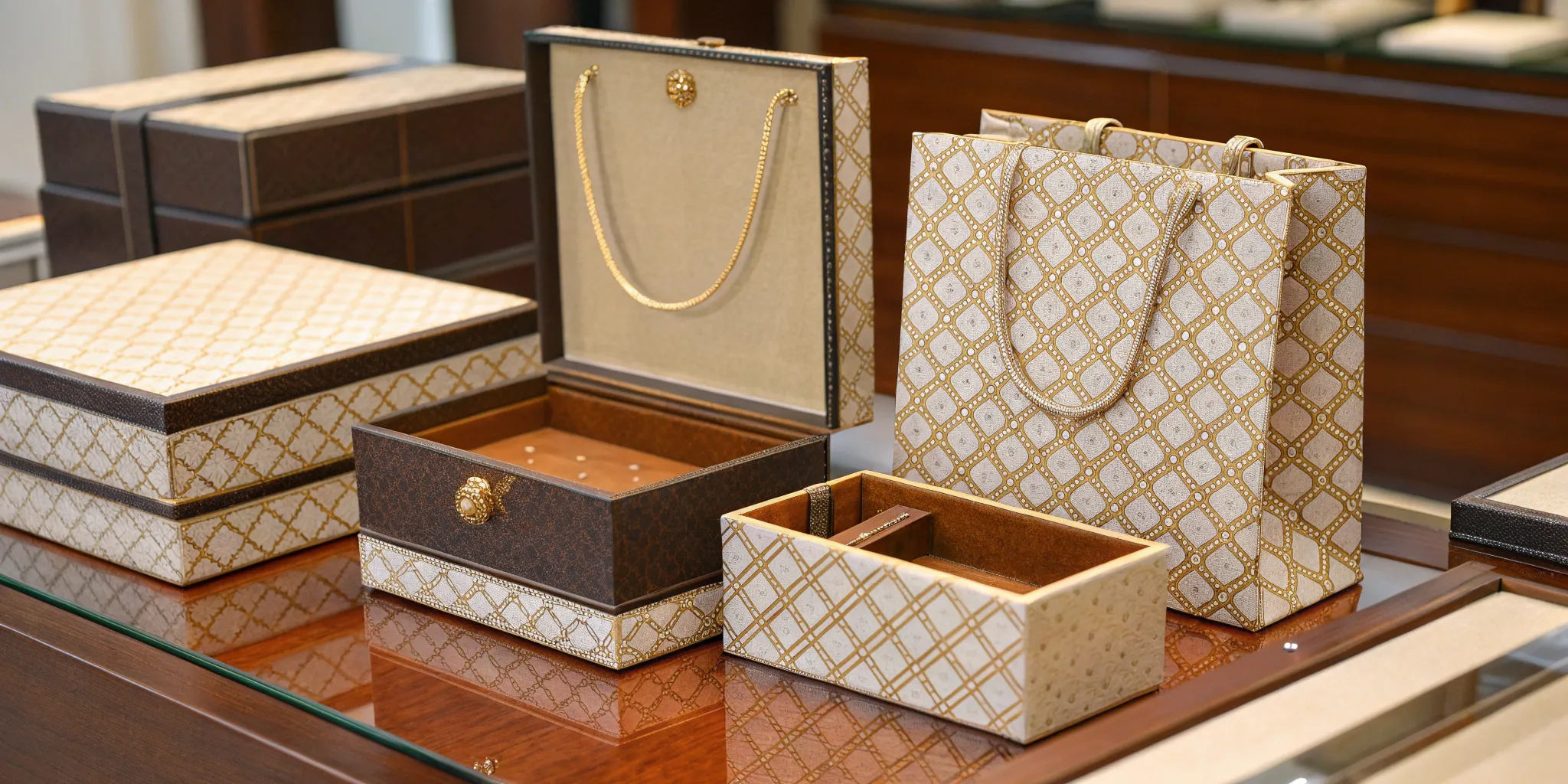 Custom retail packaging boxes and bags on a glass counter.