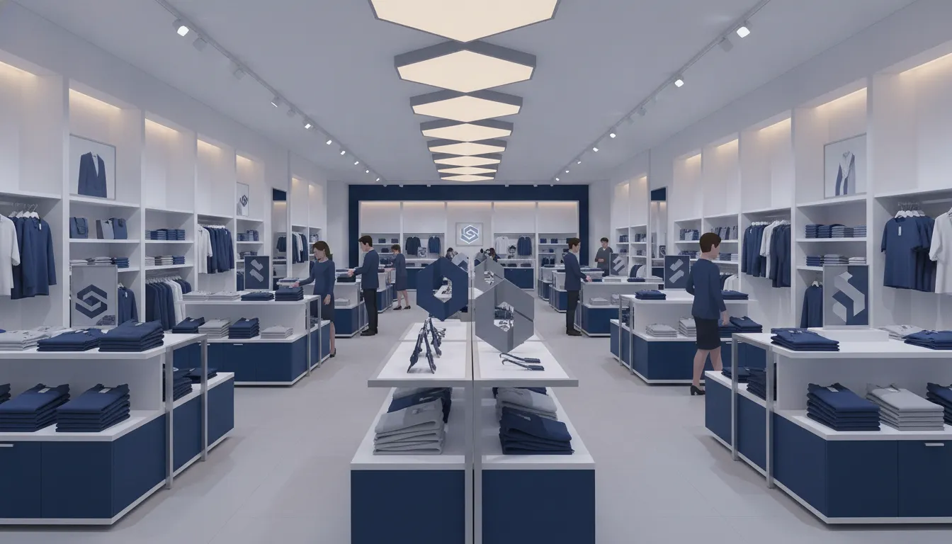 Modern department store interior with gondola shelving and display fixtures
