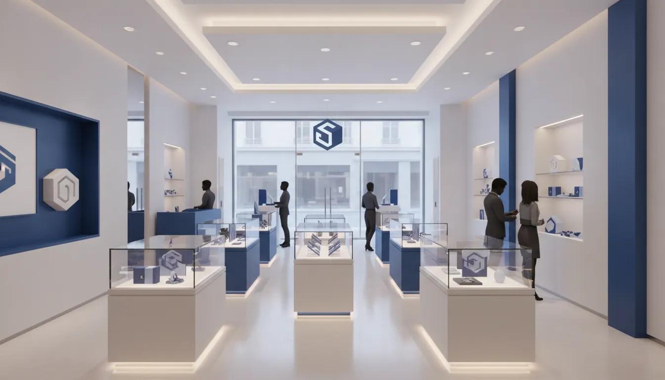 Modern retail store with glass display cases showcasing merchandise under warm lighting