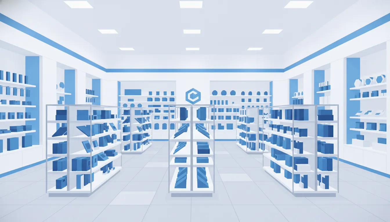 Retail store interior with organized display racks and shelving fixtures