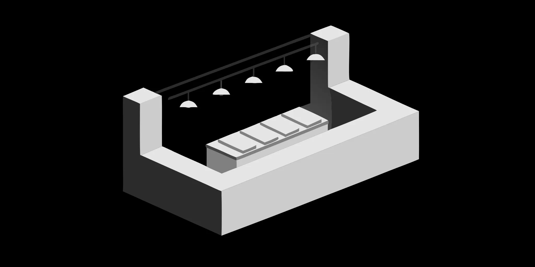 A modern retail display table with integrated shelving and lighting to feature products.