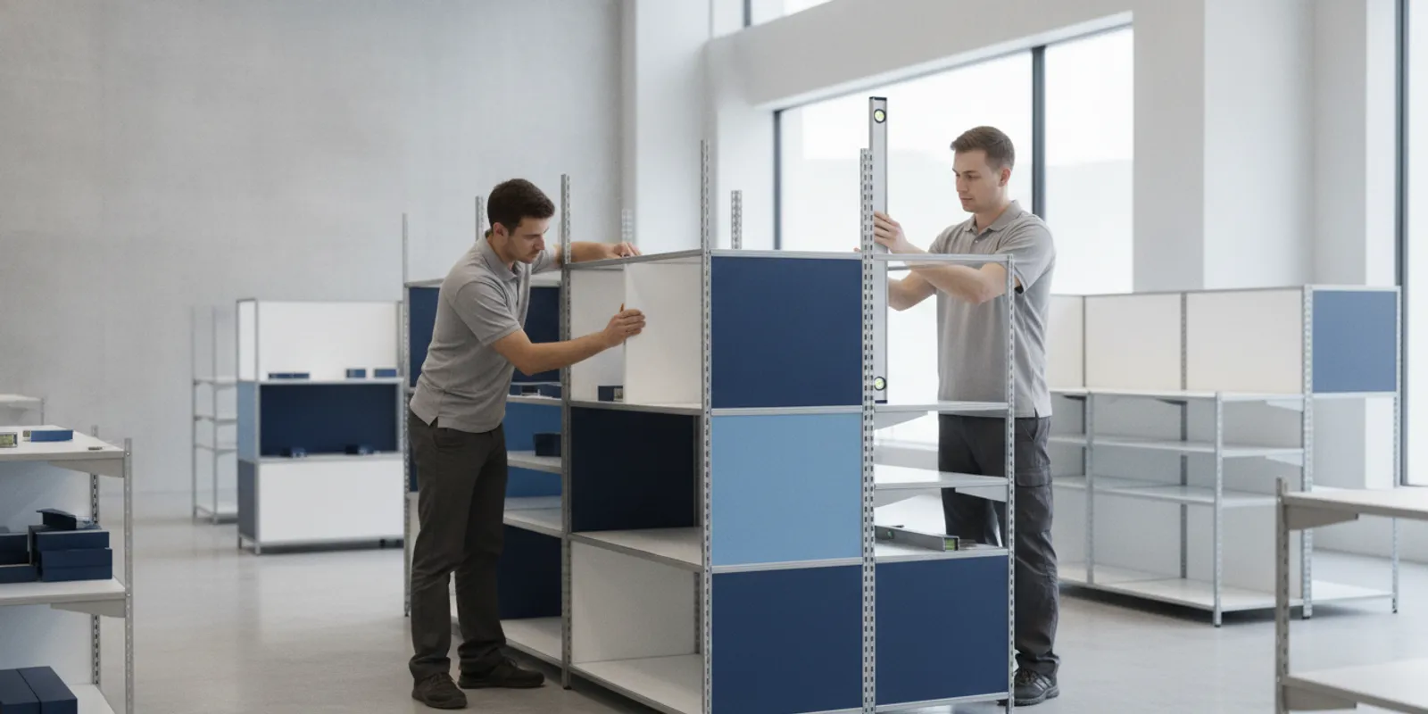 Retail team assembling a modular fixture in a bright store interior