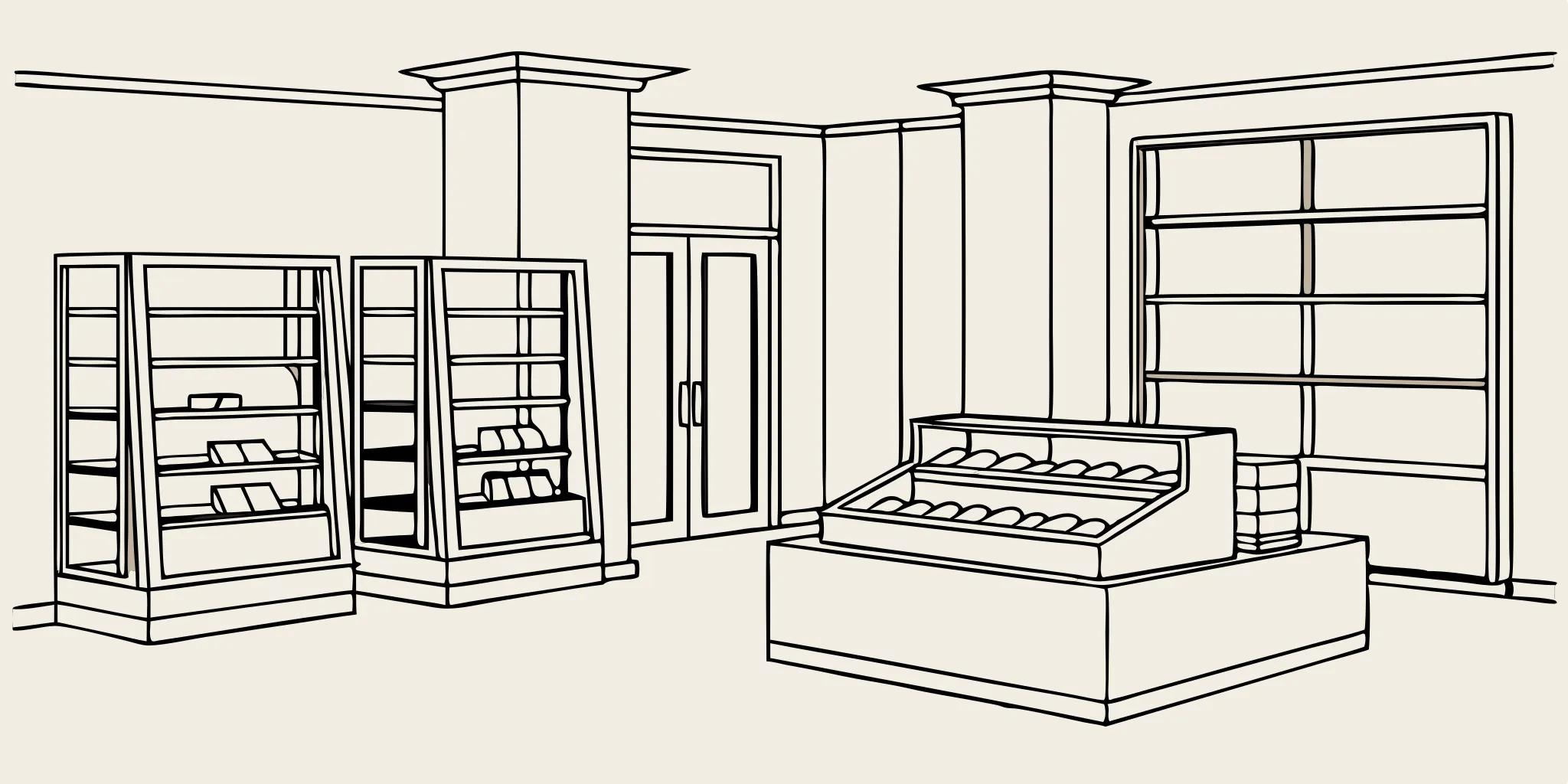 Retail store display shelves and counter.