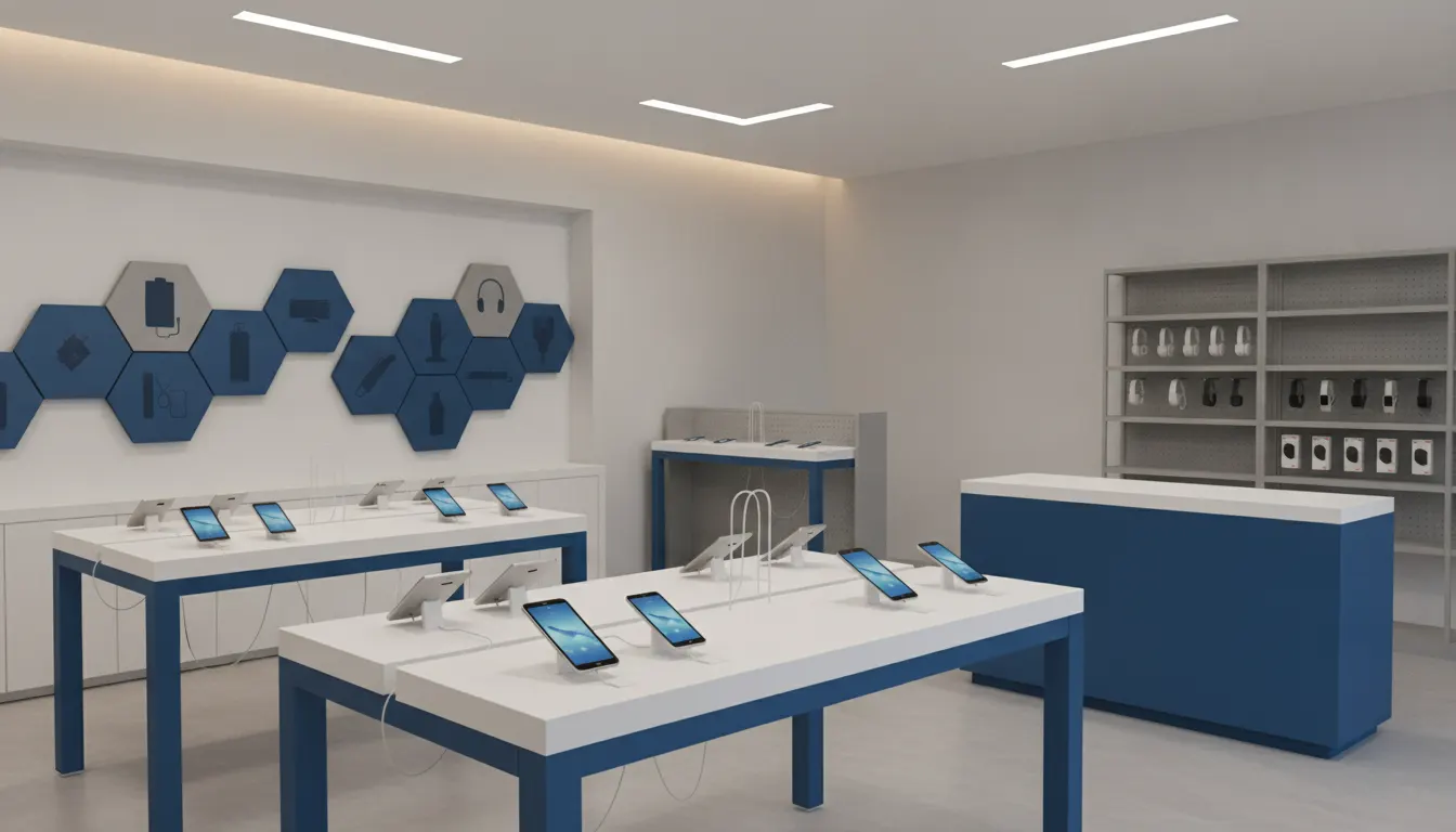 Electronics store fixtures with secure smartphone demo tables, wall systems, and accessory shelving