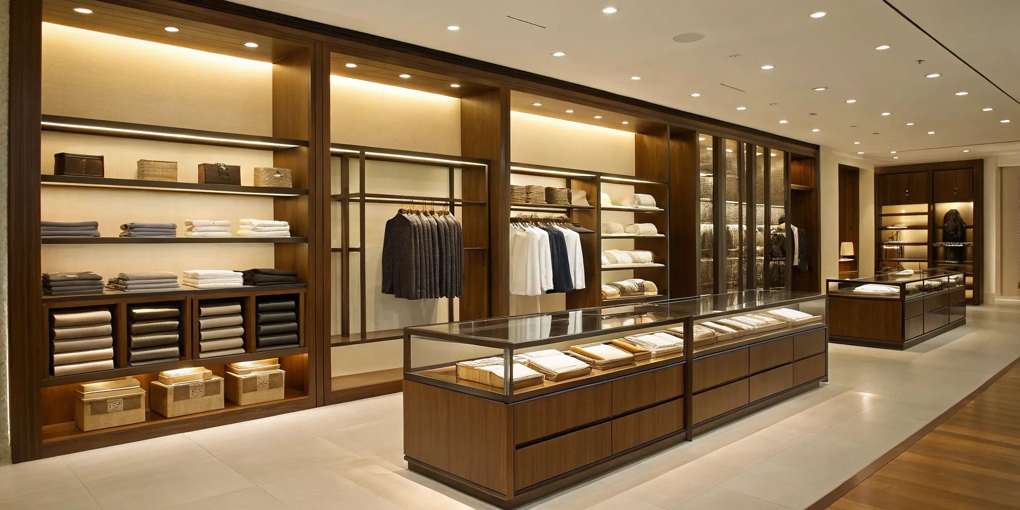 Retail store shelves and clothing displays.