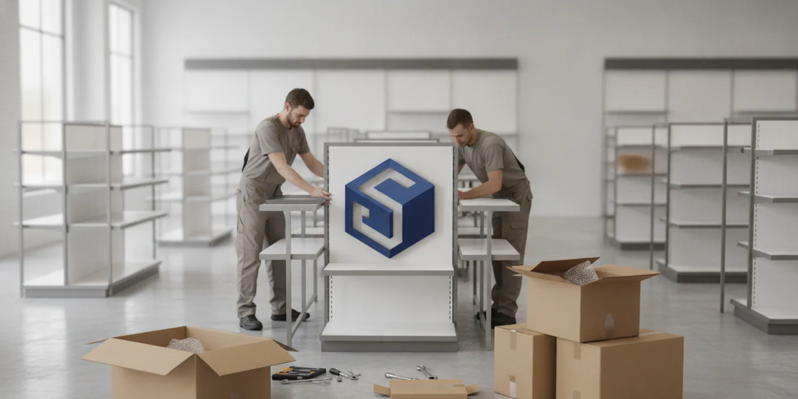 Retail installation team positioning a modular fixture in a bright store