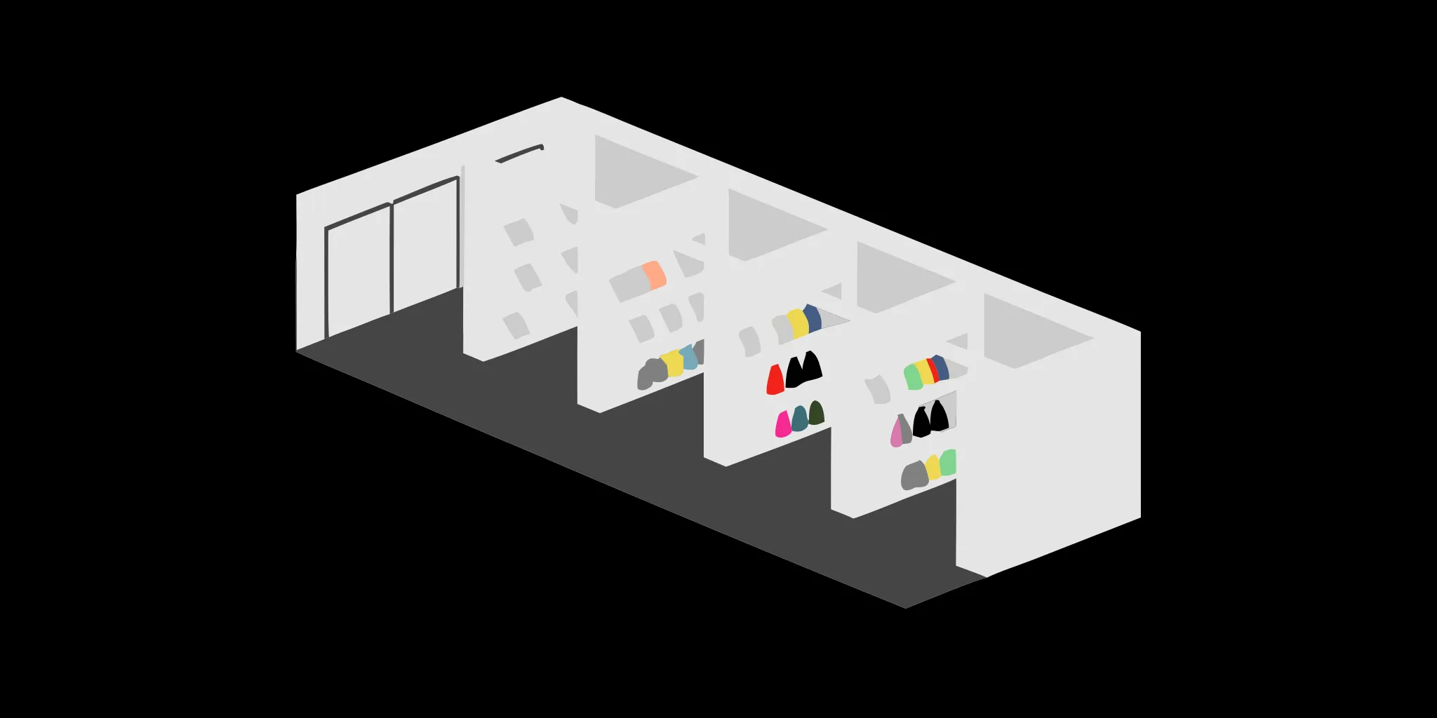 Gondola shelving lines a retail store aisle, stocked with various products.