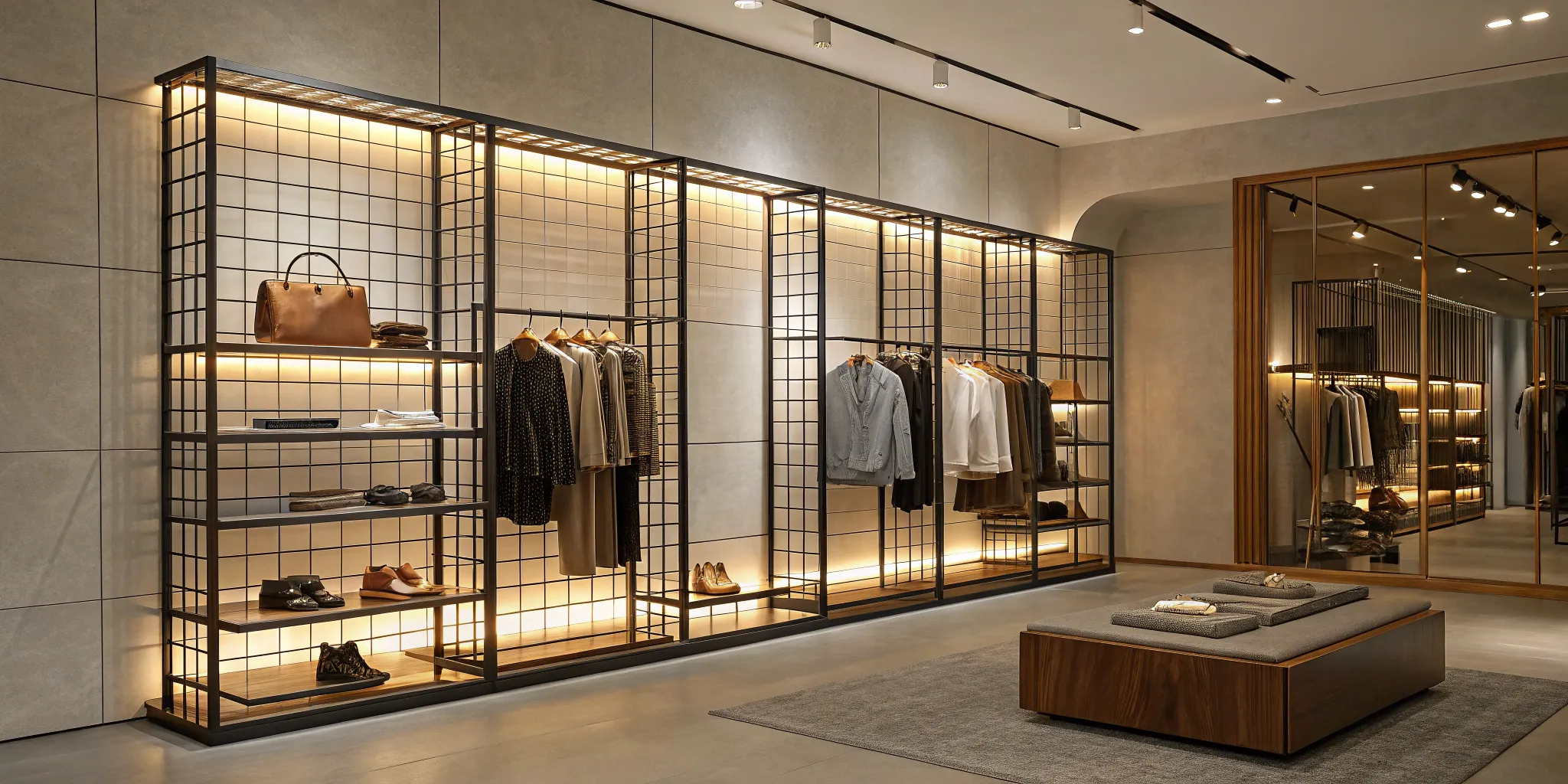 Gridwall display systems for sale organized with shelves and hooks in a retail shop.