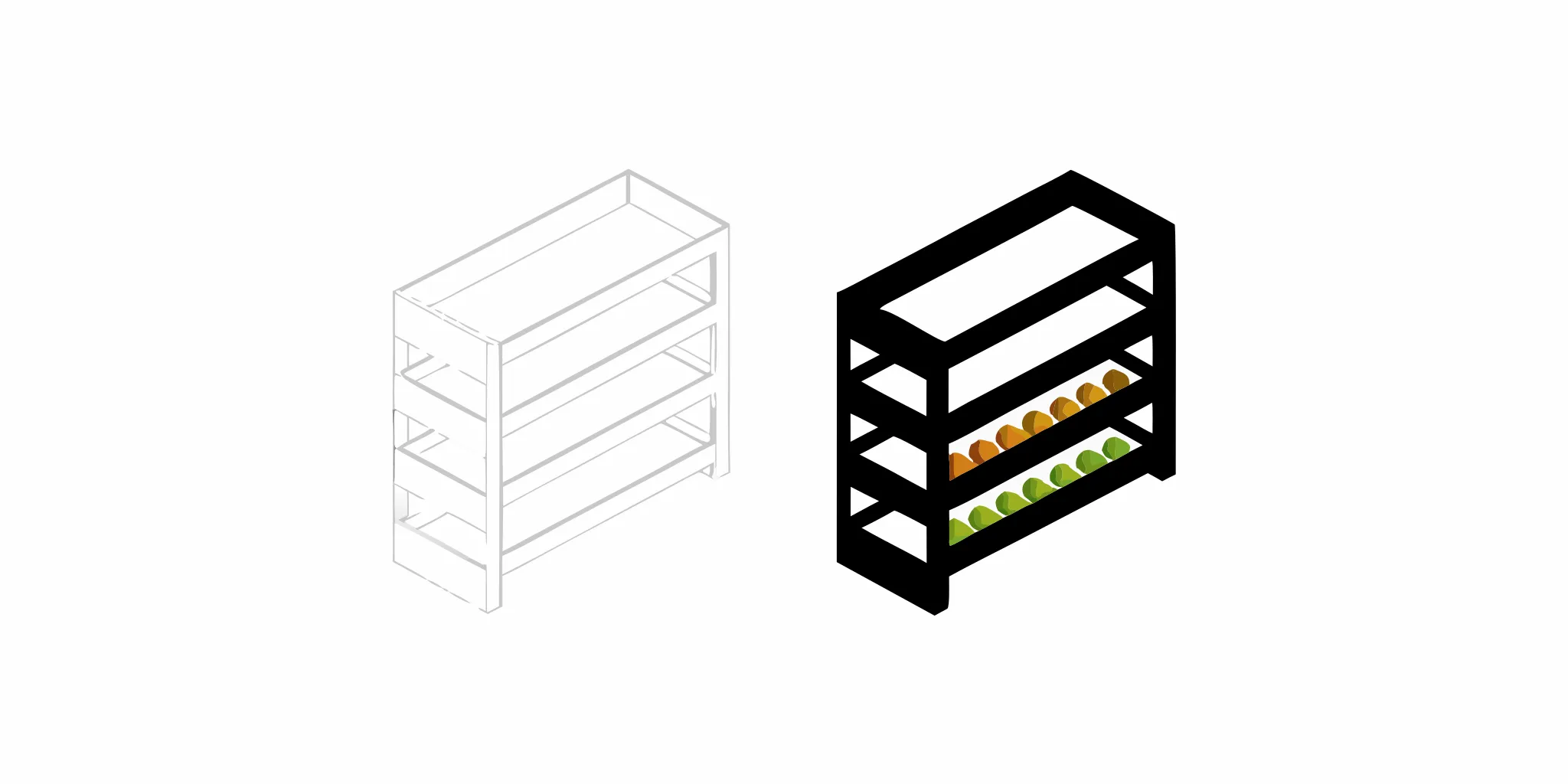 Grocery store fixtures with shelving and produce bins for organized product displays.