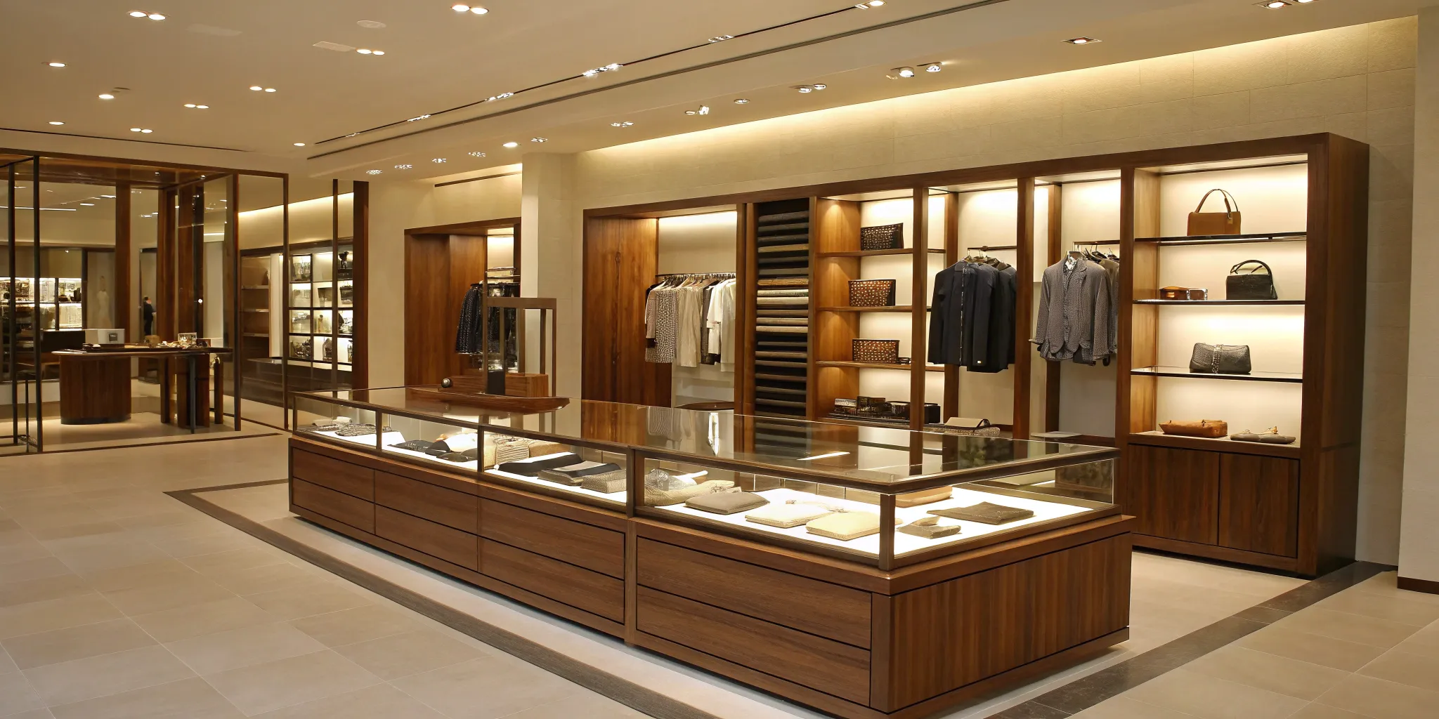Custom store fixtures in a retail apparel shop.
