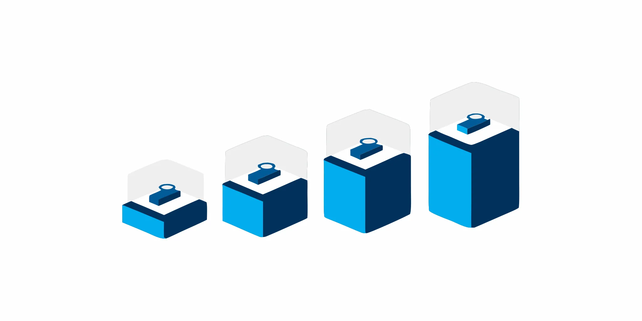 A collection of clear acrylic display cases in various shapes and sizes.