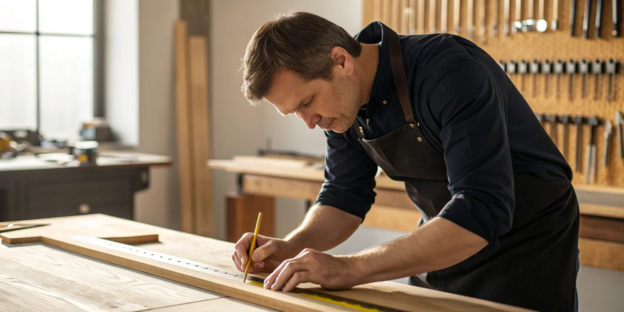 A craftsman from a fixture manufacturer measuring wood for a custom build.