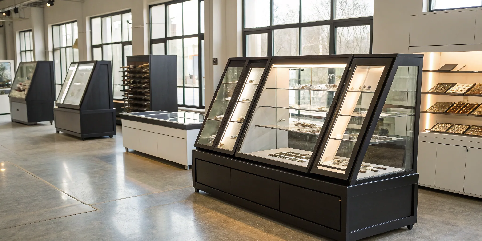 Glass POP display cases in a retail showroom.