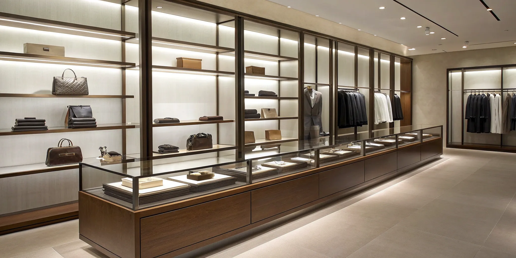 Sleek retail shelving, glass displays, & hanging racks.