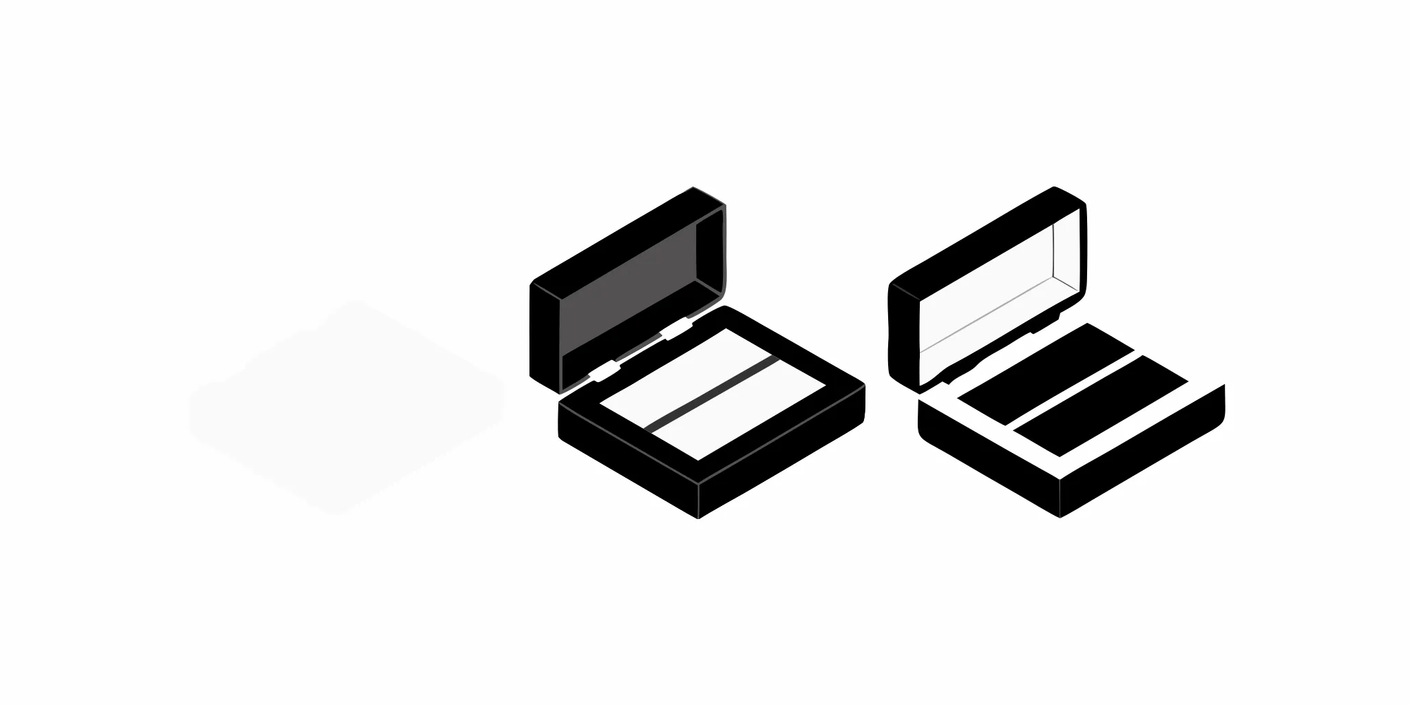 Black and white portable jewelry display cases open to show organized interior compartments.