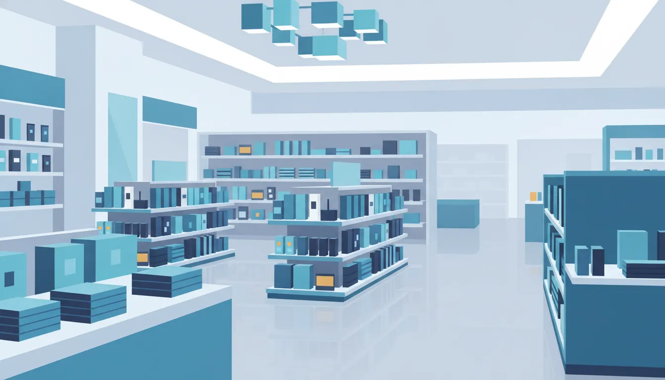 Gondola shelving and display counters inside a modern department store