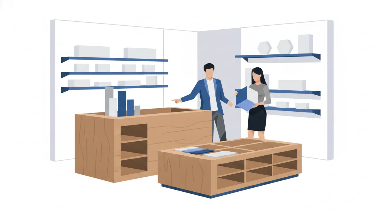 Retail operations team reviewing a custom wooden store fixture display in a design showroom