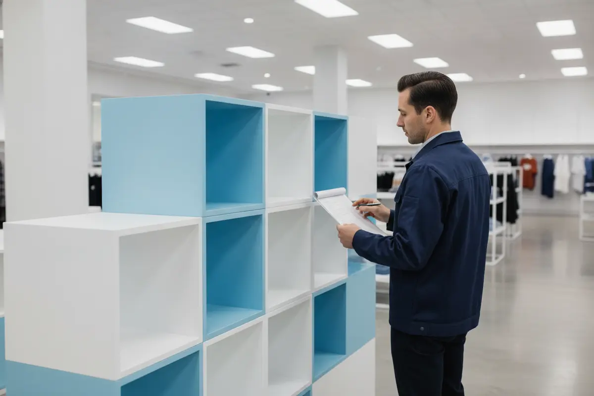 Installation lead checking an assembled retail fixture against a store rollout checklist