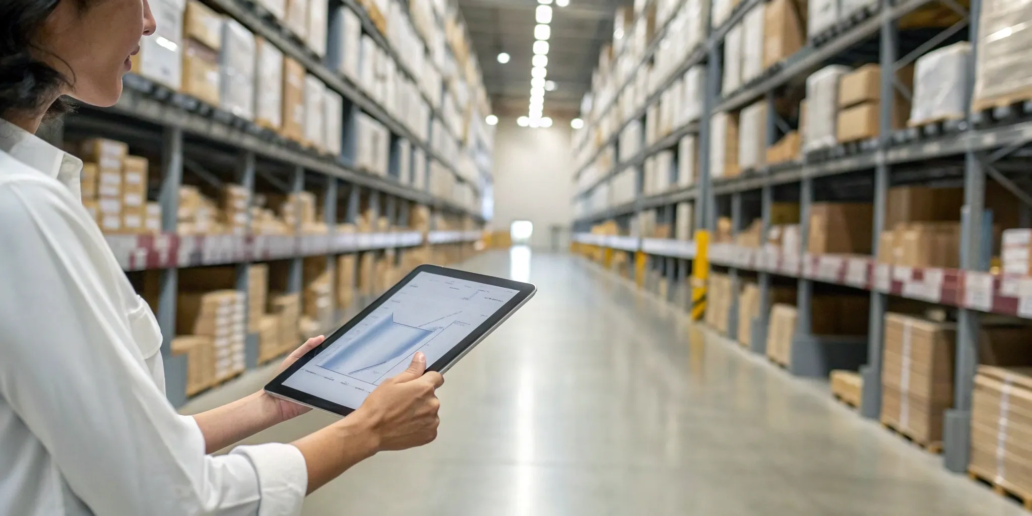 Worker managing inventory control on a tablet in a warehouse.