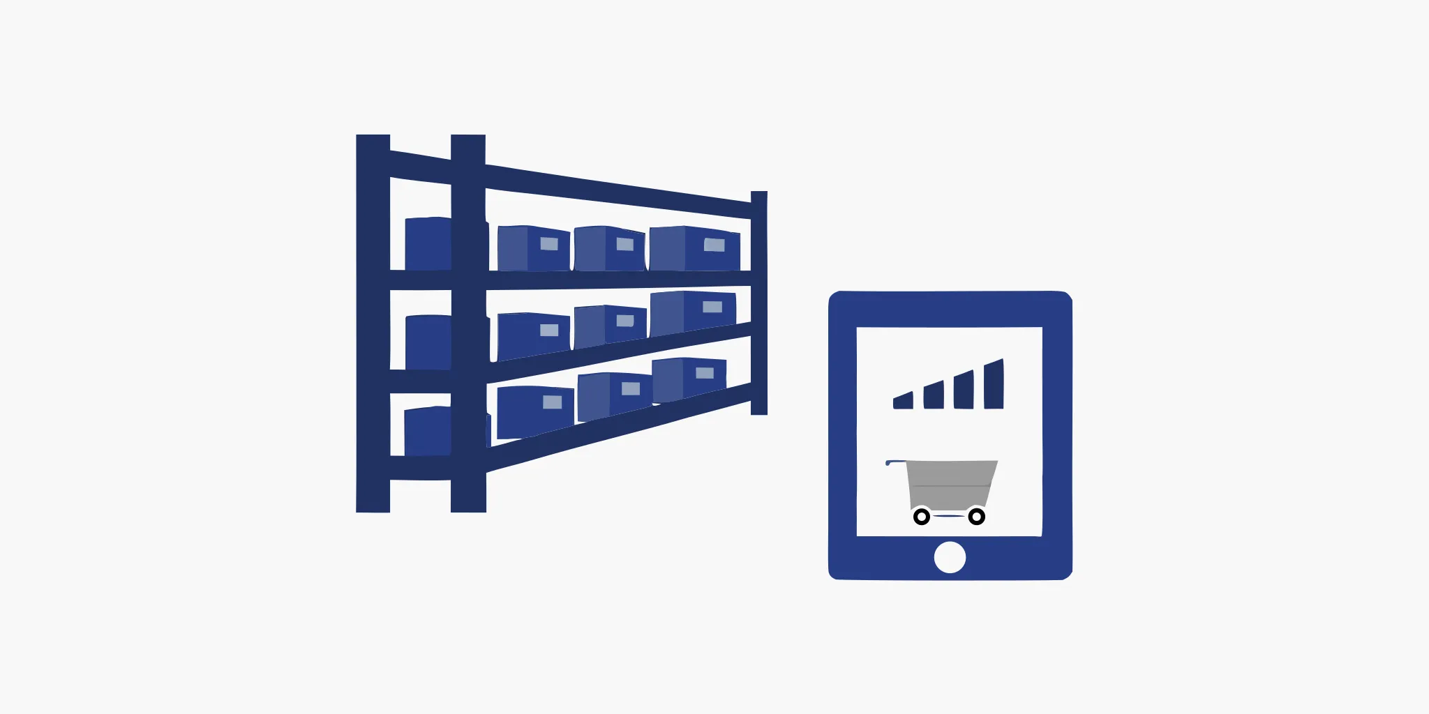 Automated inventory tracking on a tablet in a retail warehouse with shelves of stock.