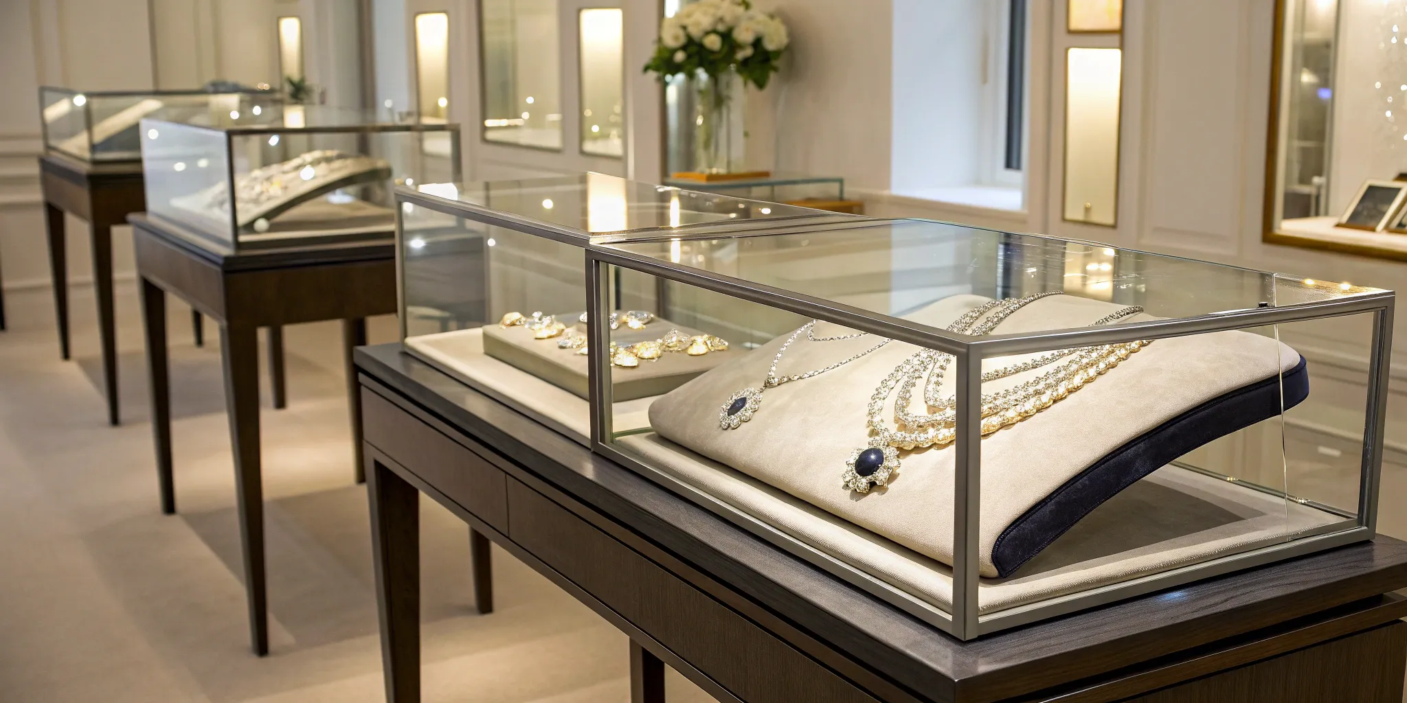 Secure jewelry display cases enhance and protect valuable necklaces.