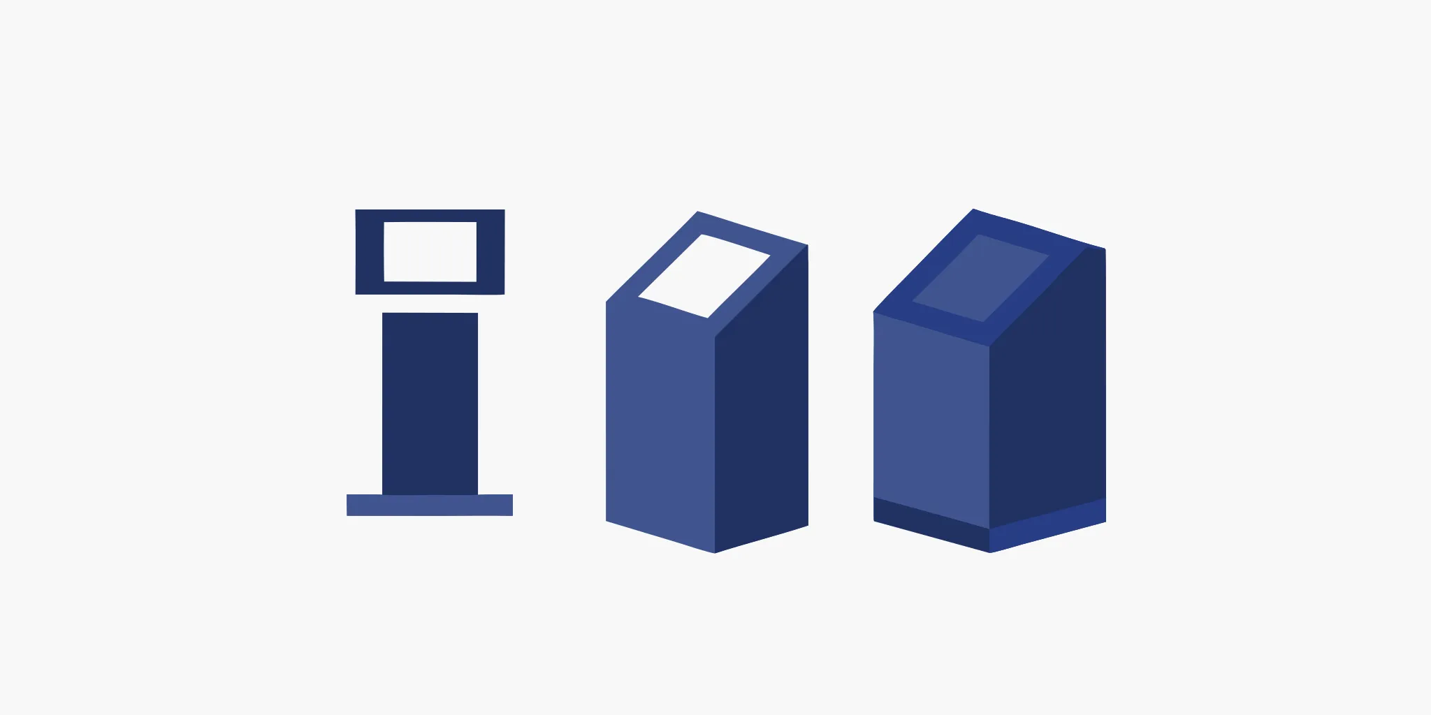 Various types of interactive kiosk displays for business use.