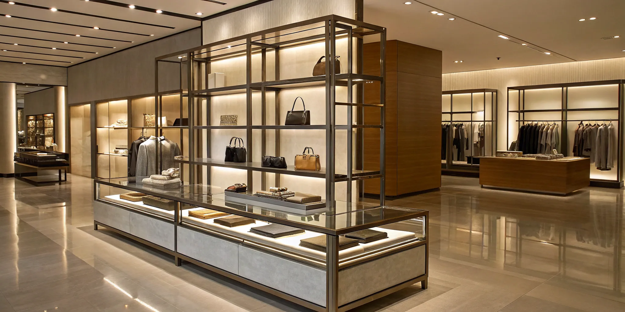 Custom-fabricated metal retail displays in a modern clothing store.